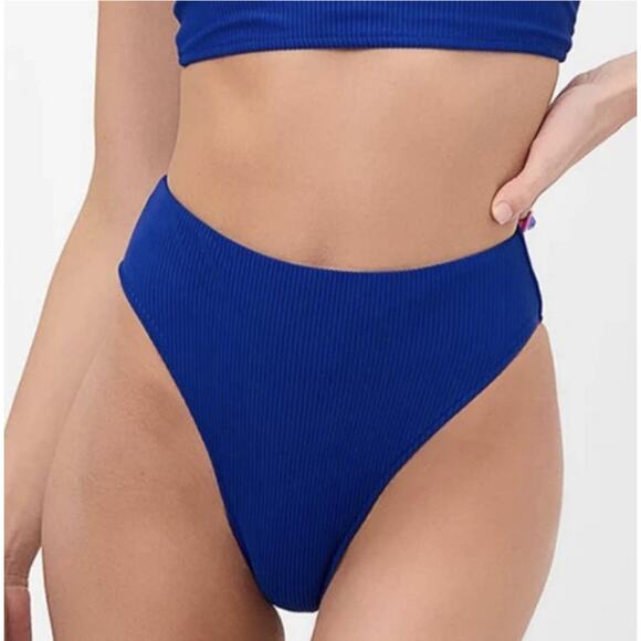 NWT FRANKIES BIKINIS Women's Ribbed Bikini Jenna Bottom Blue Size Medium Swim - Picture 2 of 8